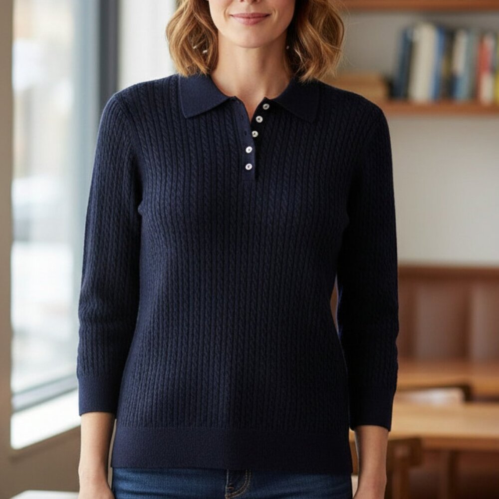 Brooks Brothers Navy Cable Knit Silk Cashmere Polo Sweater Size M